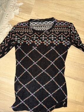 BCBG Black Patterned Knit Top with Multicolor Accents